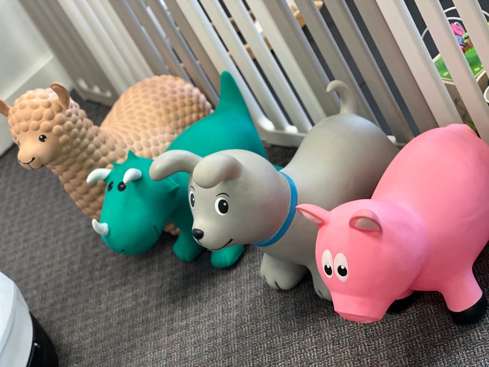 Colorful bouncy ride-on animal toys at The Party Place, ready for a birthday or party