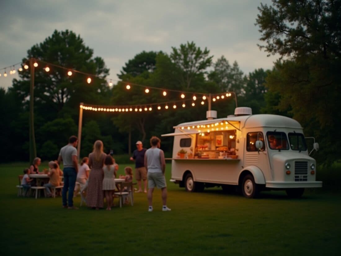 A small-town community farm event at dusk with a food truck, string lights and families gathering